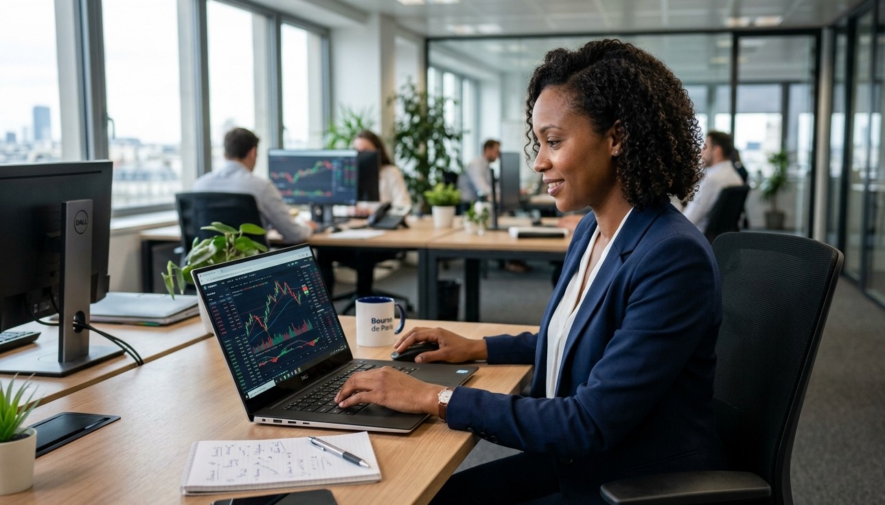 Femme trader assise au bureau